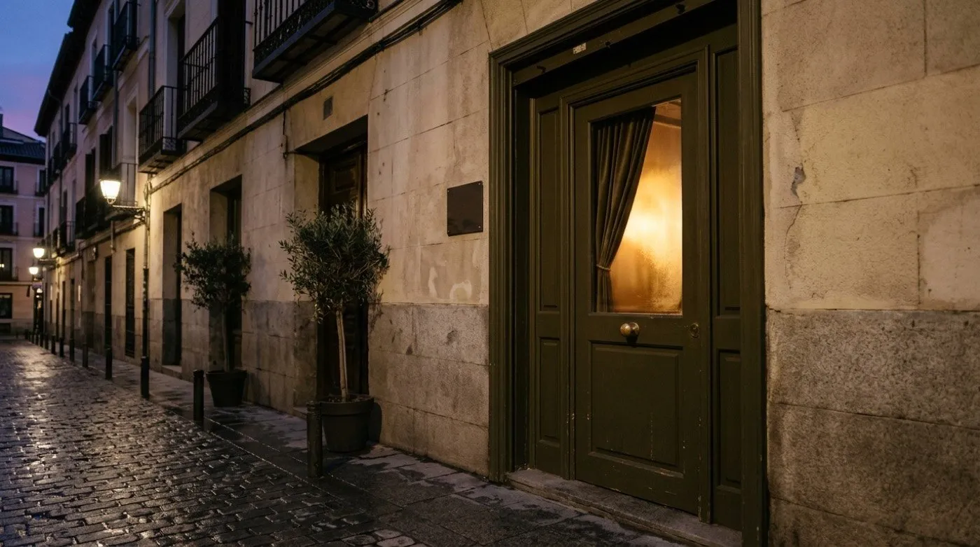 Entrance to STILLROOM on Calle Moreto 9, Madrid Los Jerónimos, at dusk: signature cocktail speakeasy a 12-minute walk from the Reina Sofía Museum
