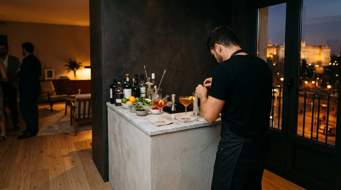 Barra portátil de coctelería de autor de Stillroom montada en el salón de una vivienda en Madrid