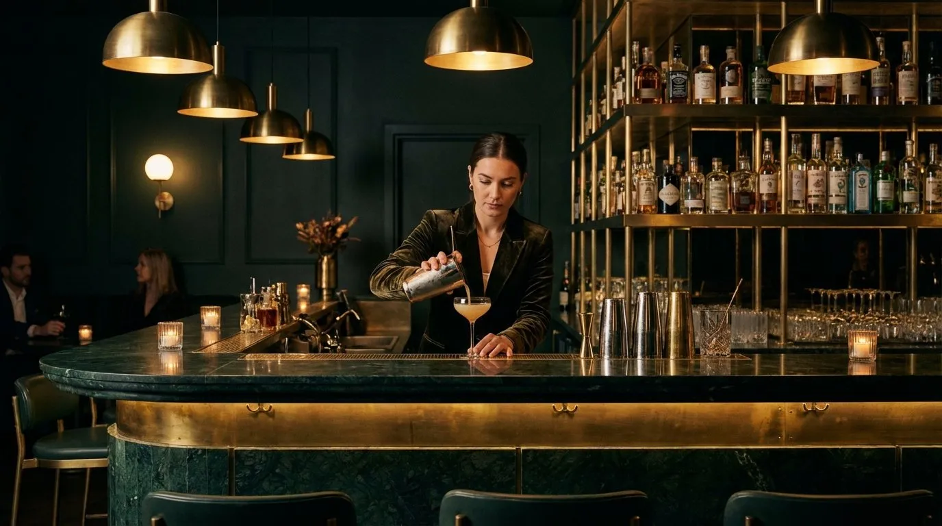 Bartender colando un cóctel de autor en una copa coupe sobre la barra de Stillroom, gastro cocktail bar de Los Jerónimos (Madrid), con la estantería de destilados iluminada al fondo