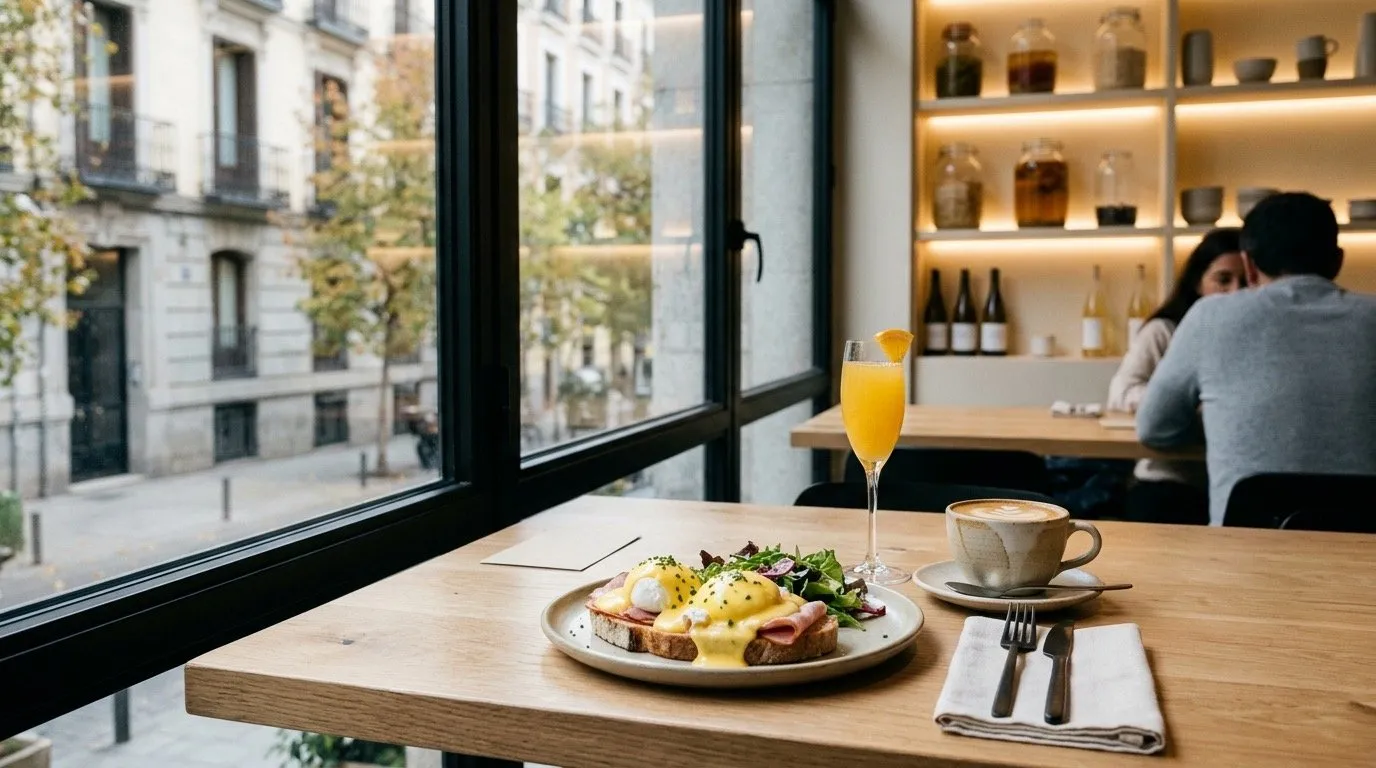 Brunch cerca del Museo del Prado: mesa de brunch con benedictinos, café y mimosa junto a la ventana de Stillroom, Los Jerónimos (Madrid)