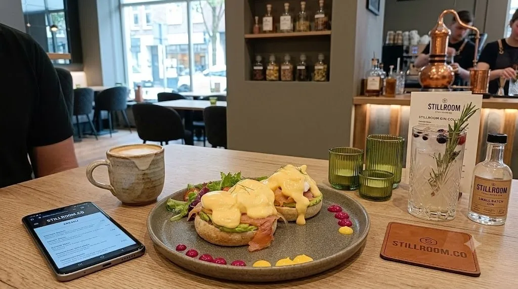 Brunch cerca del Retiro: huevos benedictinos y café en una mesa de Stillroom, con las botellas de la casa y el alambique de cobre al fondo, en Calle Moreto 9, Los Jerónimos (Madrid)