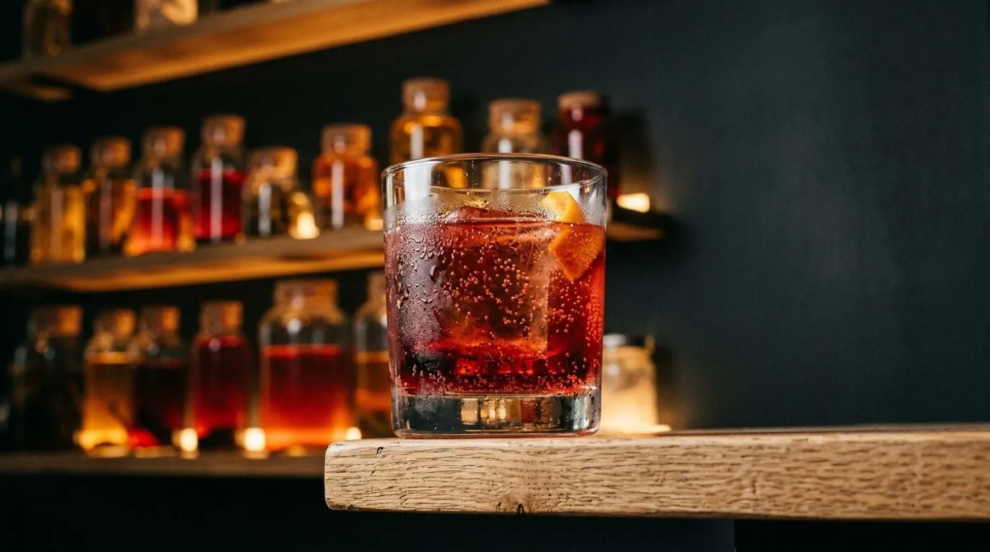 Carbonated Negroni with fine bubbles served in a glass at the STILLROOM bar, signature cocktail bar in Madrid