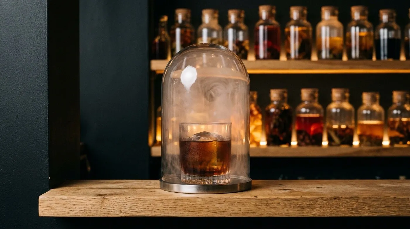 Smoked cocktail served under a glass cloche with a faint aromatic haze at STILLROOM, signature cocktail bar in Madrid