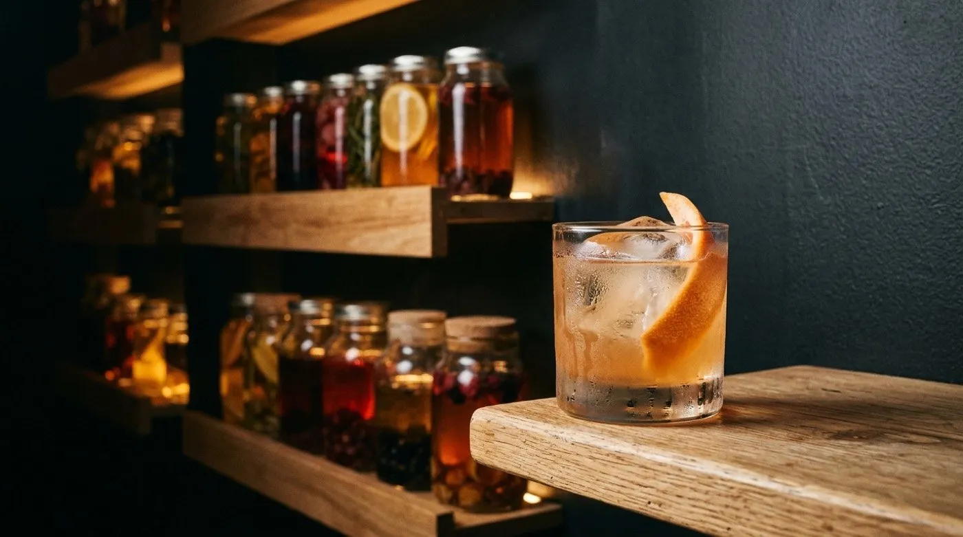 Refreshing citrus summer cocktail with large ice cube and grapefruit twist at STILLROOM, signature cocktail bar in Madrid