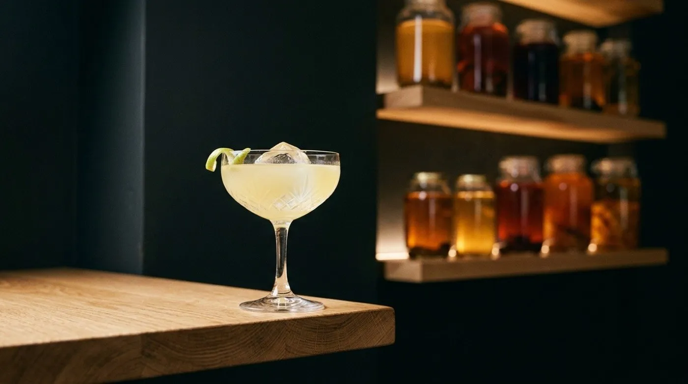 Cóctel cítrico elaborado con cordial casero servido en copa de cristal en STILLROOM, coctelería de autor en Madrid