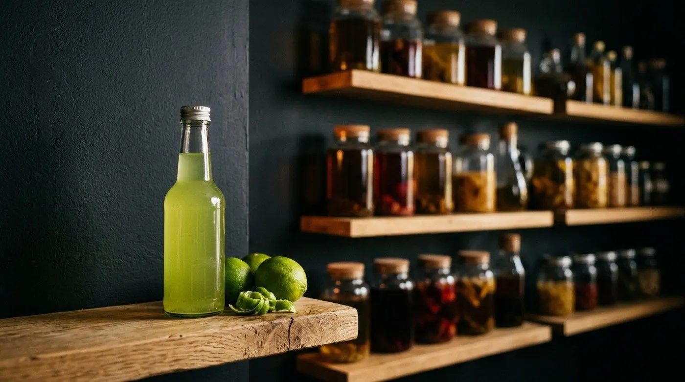 Bottle of homemade lime cordial next to fresh limes at STILLROOM, signature cocktail bar in Madrid