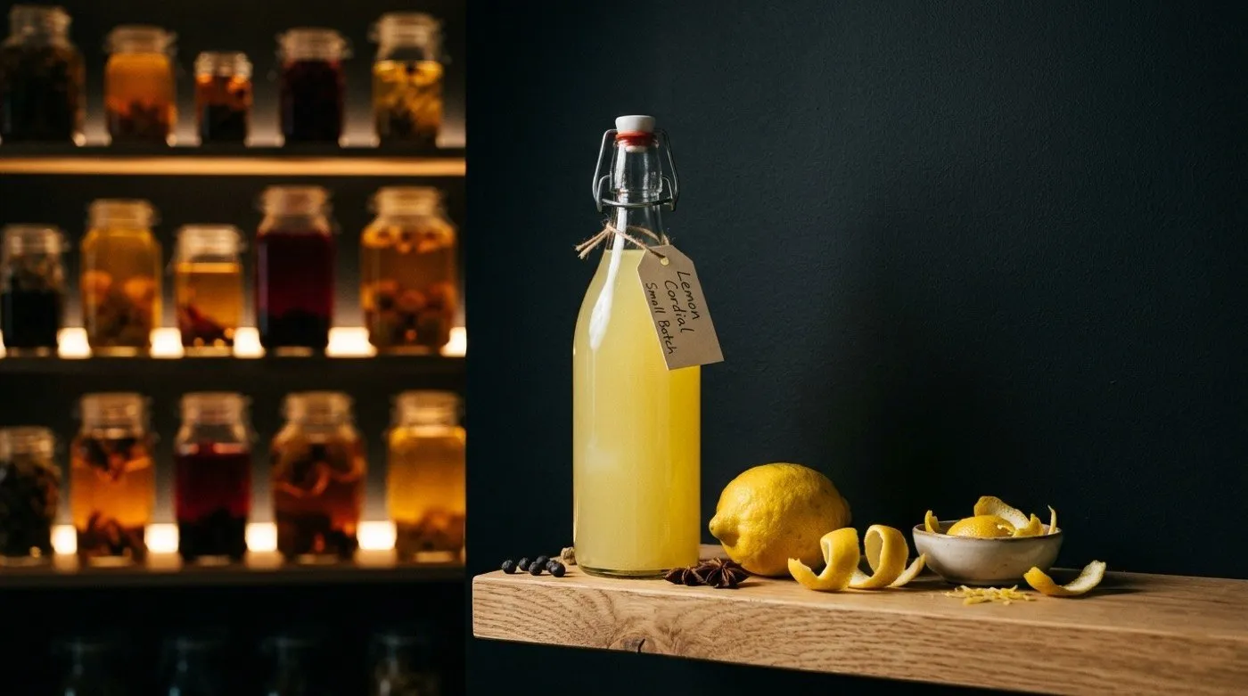Bottle of homemade lemon cordial next to fresh lemons at STILLROOM, signature cocktail bar in Madrid