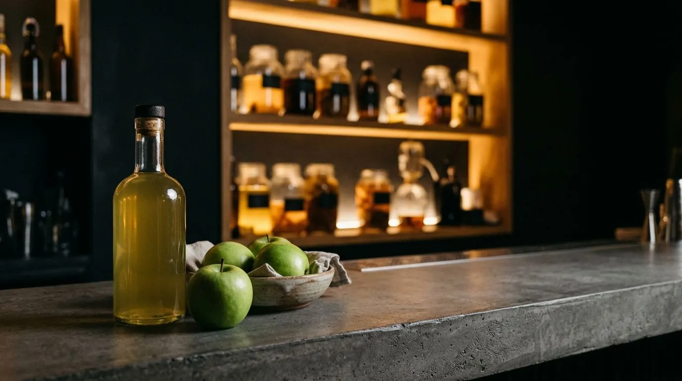 Botella de cordial de manzana casero junto a manzanas verdes en la barra de Stillroom