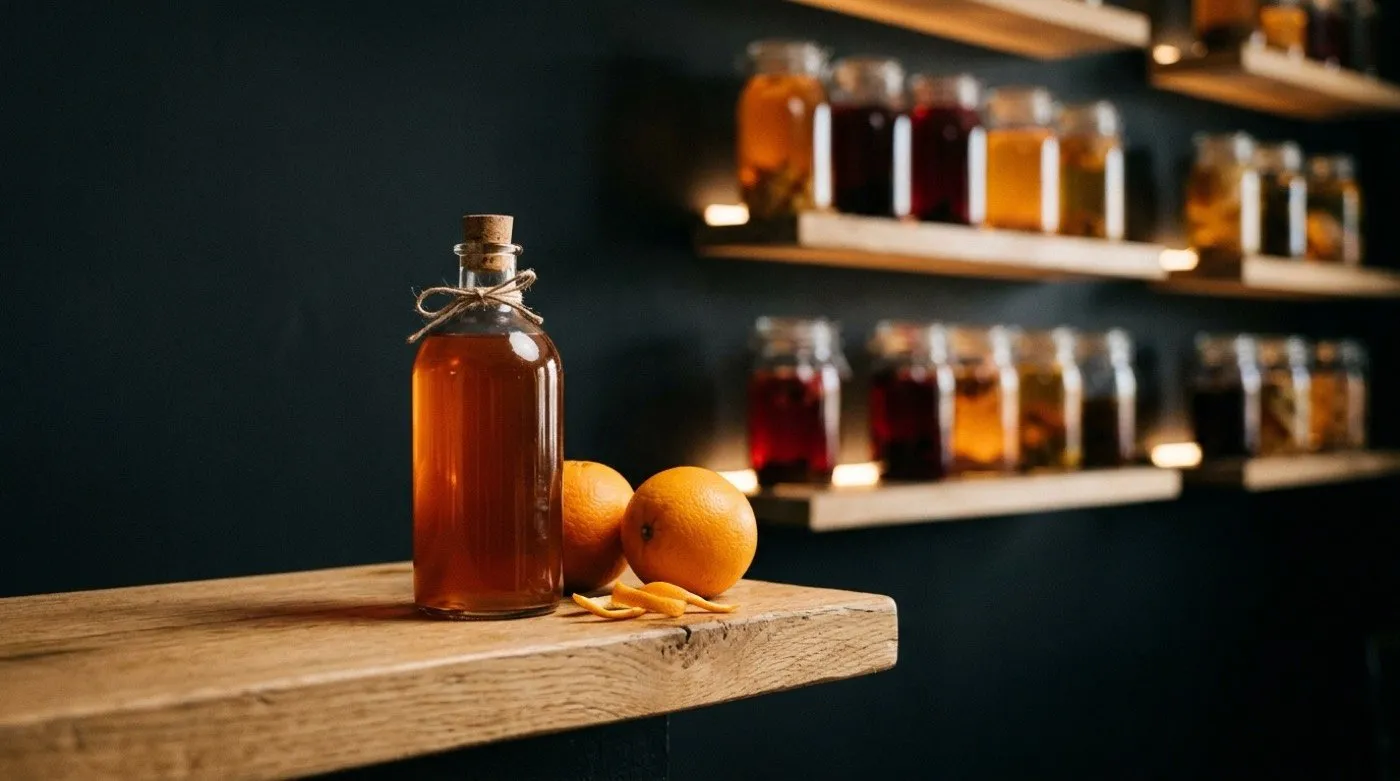 Bottle of homemade orange cordial next to fresh oranges at STILLROOM, signature cocktail bar in Madrid