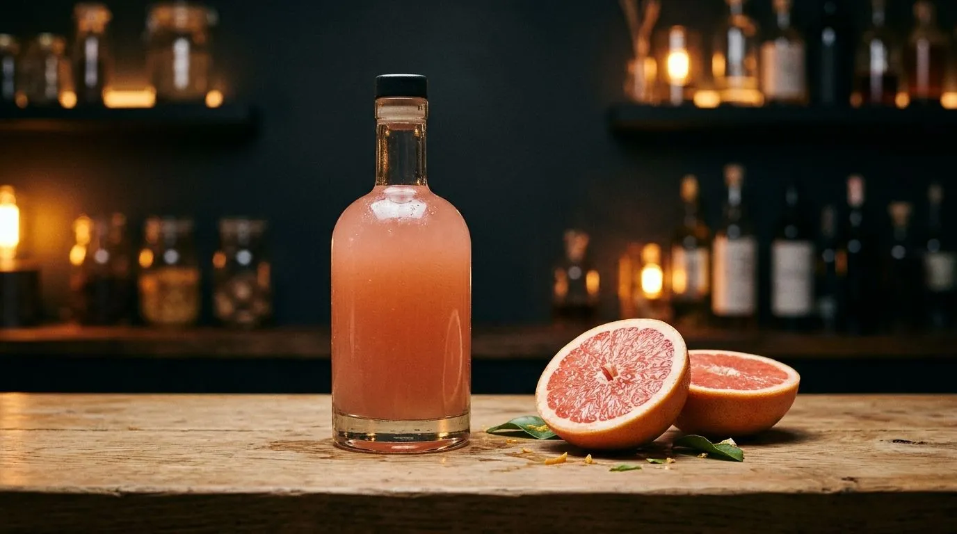 Botella de cordial de pomelo casero junto a pomelos rosas en la barra de Stillroom