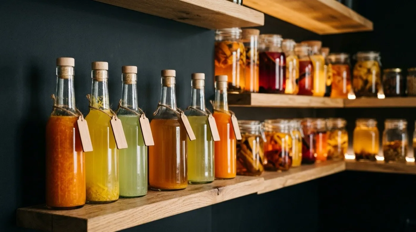 Several bottles of homemade citrus cordials in different shades on the shelves at STILLROOM, signature cocktail bar in Madrid