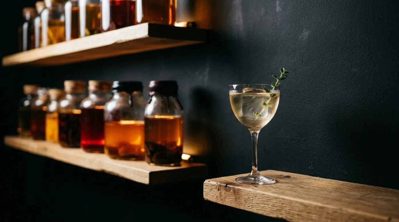 Cocktail made with a clean distillate obtained by vacuum distillation, served in a glass at STILLROOM, signature cocktail bar in Madrid