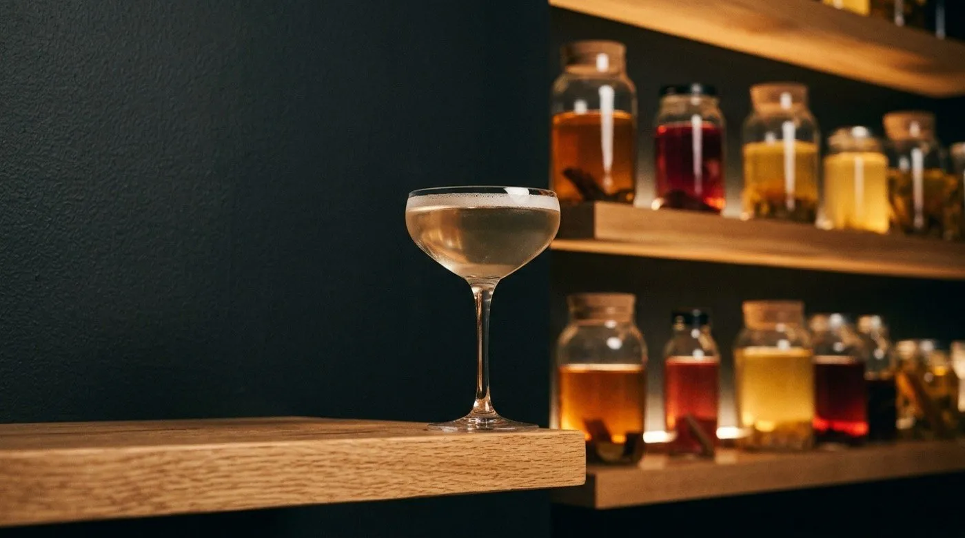 Cocktail served up perfectly clean and crystal-clear, freshly double-strained at STILLROOM, signature cocktail bar in Madrid