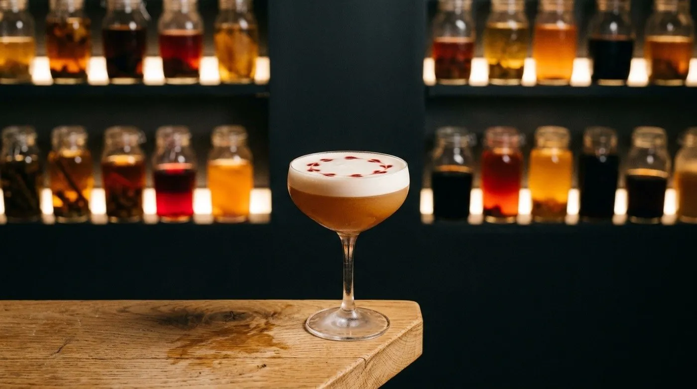Cóctel sour coronado por una espesa y sedosa capa de espuma blanca tras un dry shake en STILLROOM, coctelería de autor en Madrid