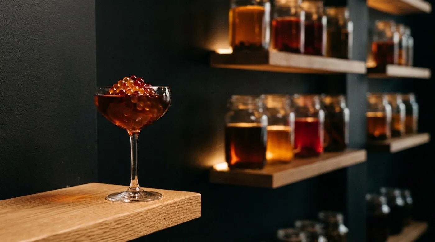 Cocktail crowned with shiny spherification pearls that burst in the mouth at STILLROOM, signature cocktail bar in Madrid