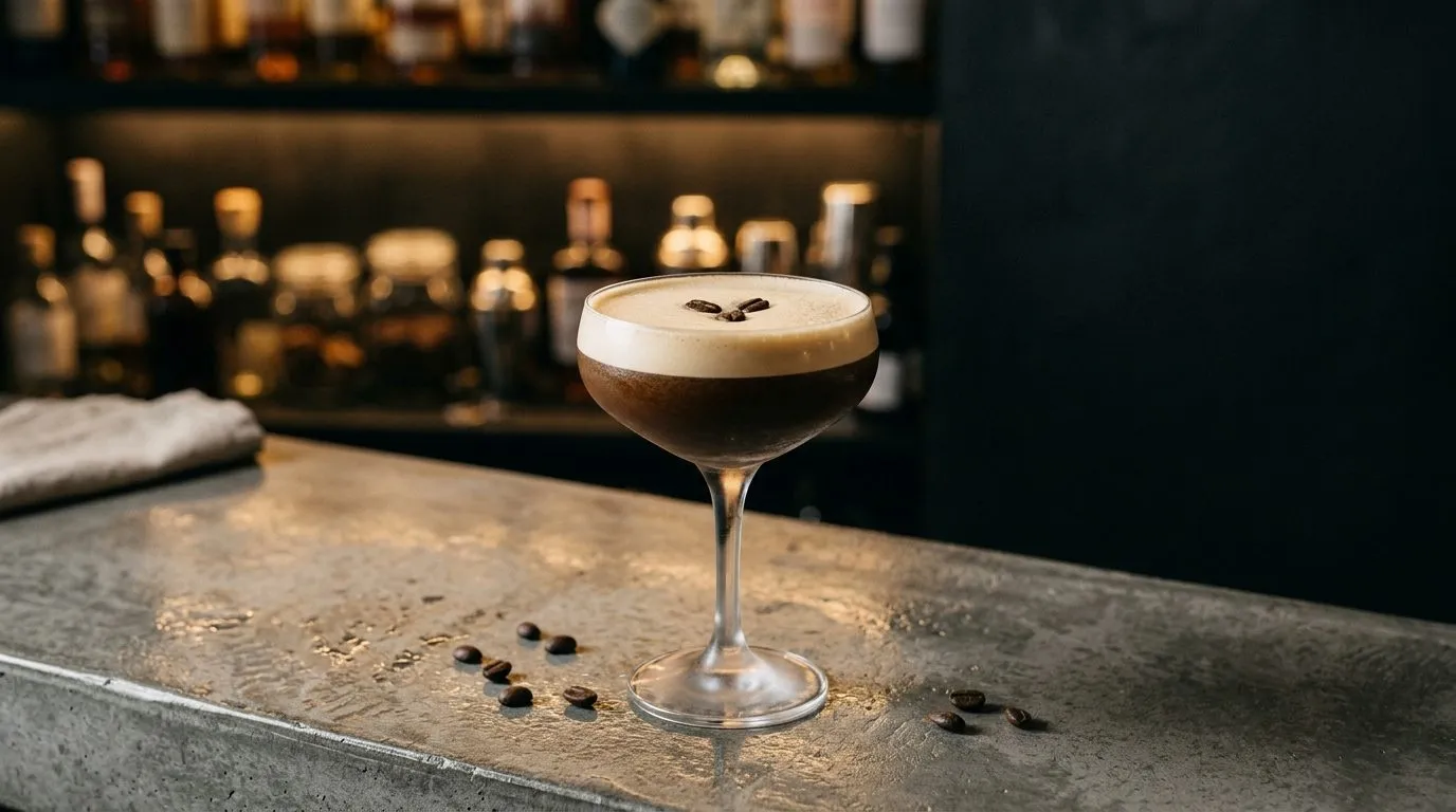 Espresso martini con crema de café densa y tres granos, servido en copa coupe sobre la barra de un cóctel bar de autor