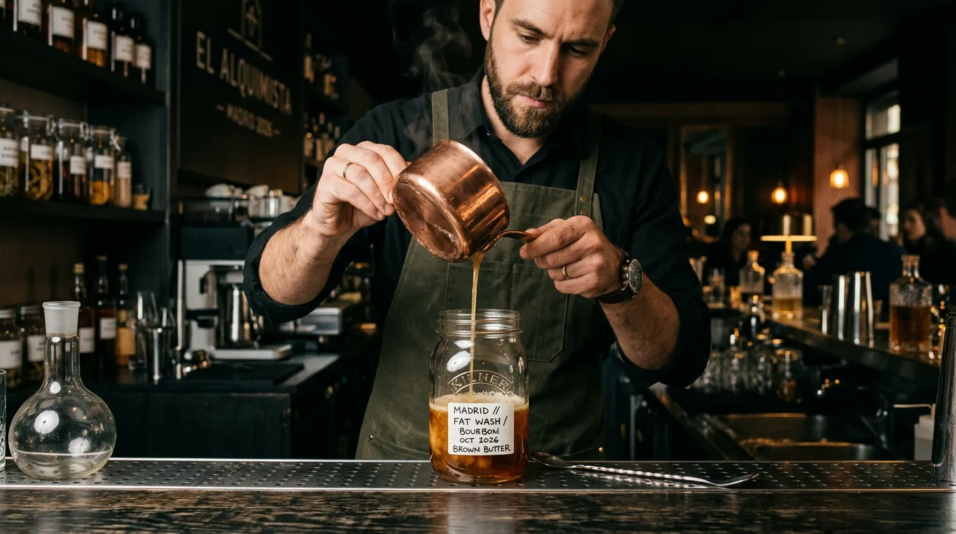 Bartender performing fat washing, pouring browned butter into bourbon for signature cocktail making