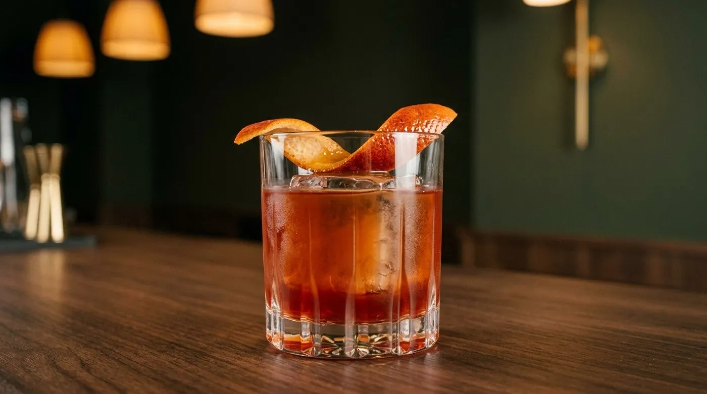 Garibaldi Fermentado signature de STILLROOM Madrid Jerónimos: Campari y naranja lactofermentada con piel de naranja sangre en vaso rocks pesado sobre barra de nogal
