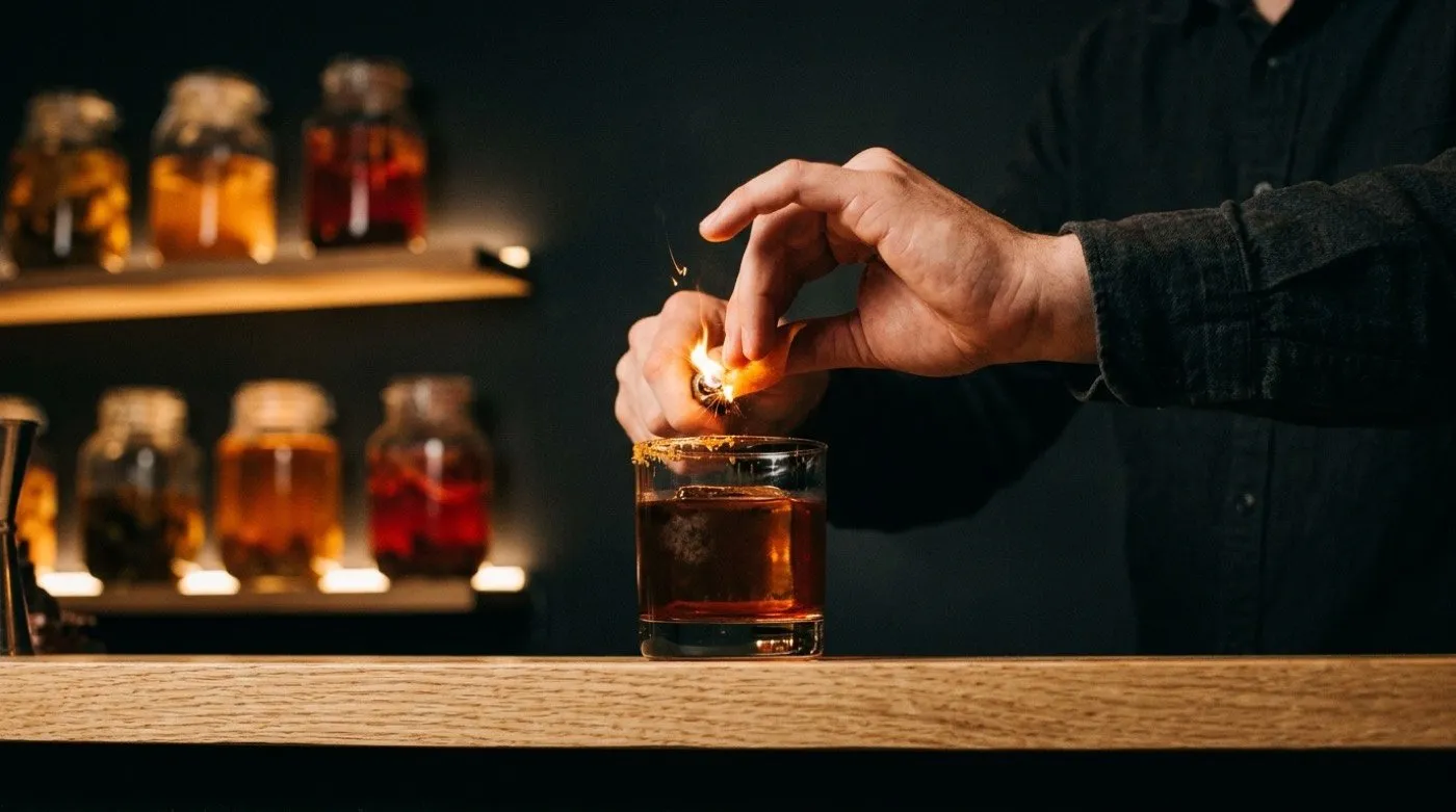 Twist de piel de naranja flameado sobre un cóctel, con una chispa de aceites caramelizándose, en STILLROOM, coctelería de autor en Madrid