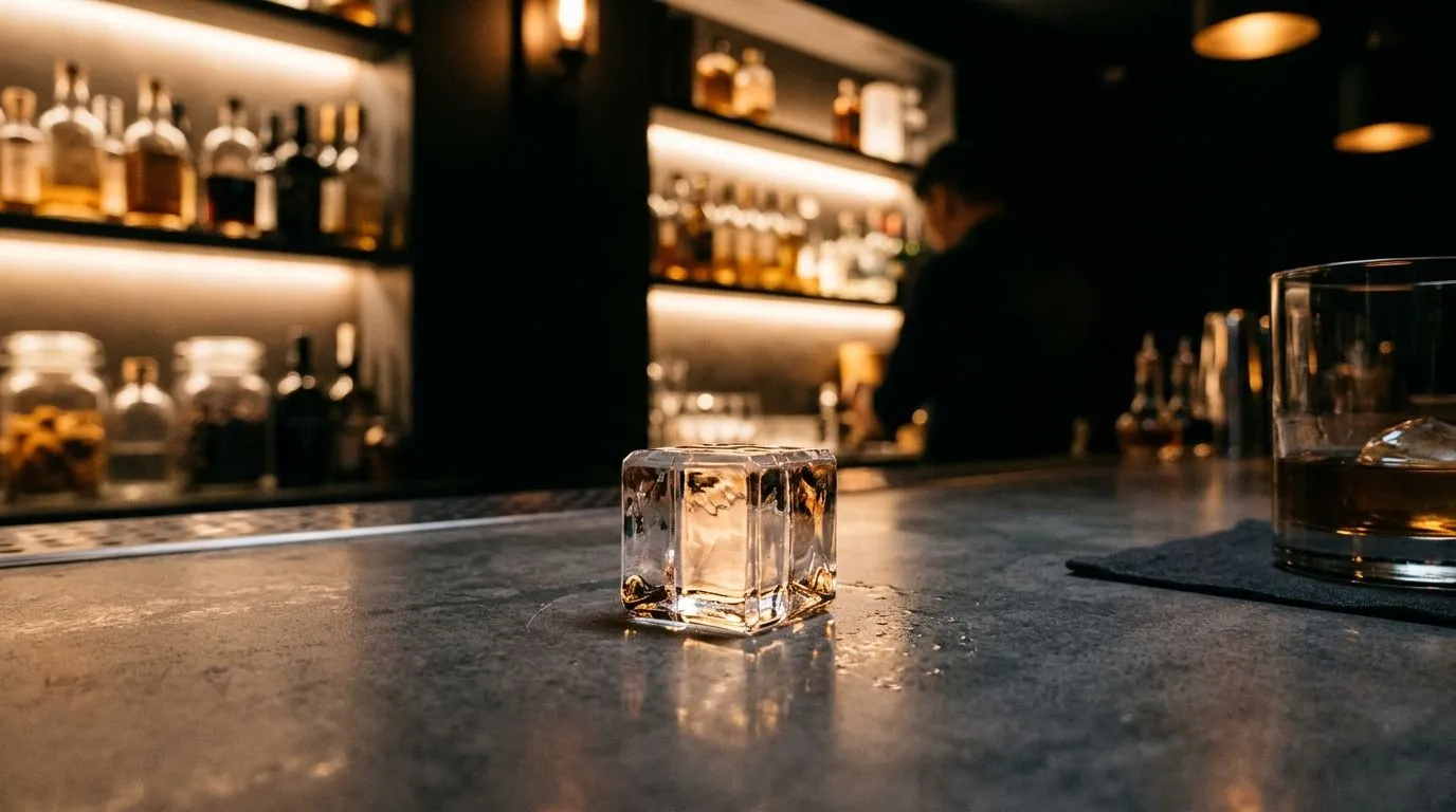 Cubo de hielo perfectamente transparente sobre la barra de microcemento de Stillroom
