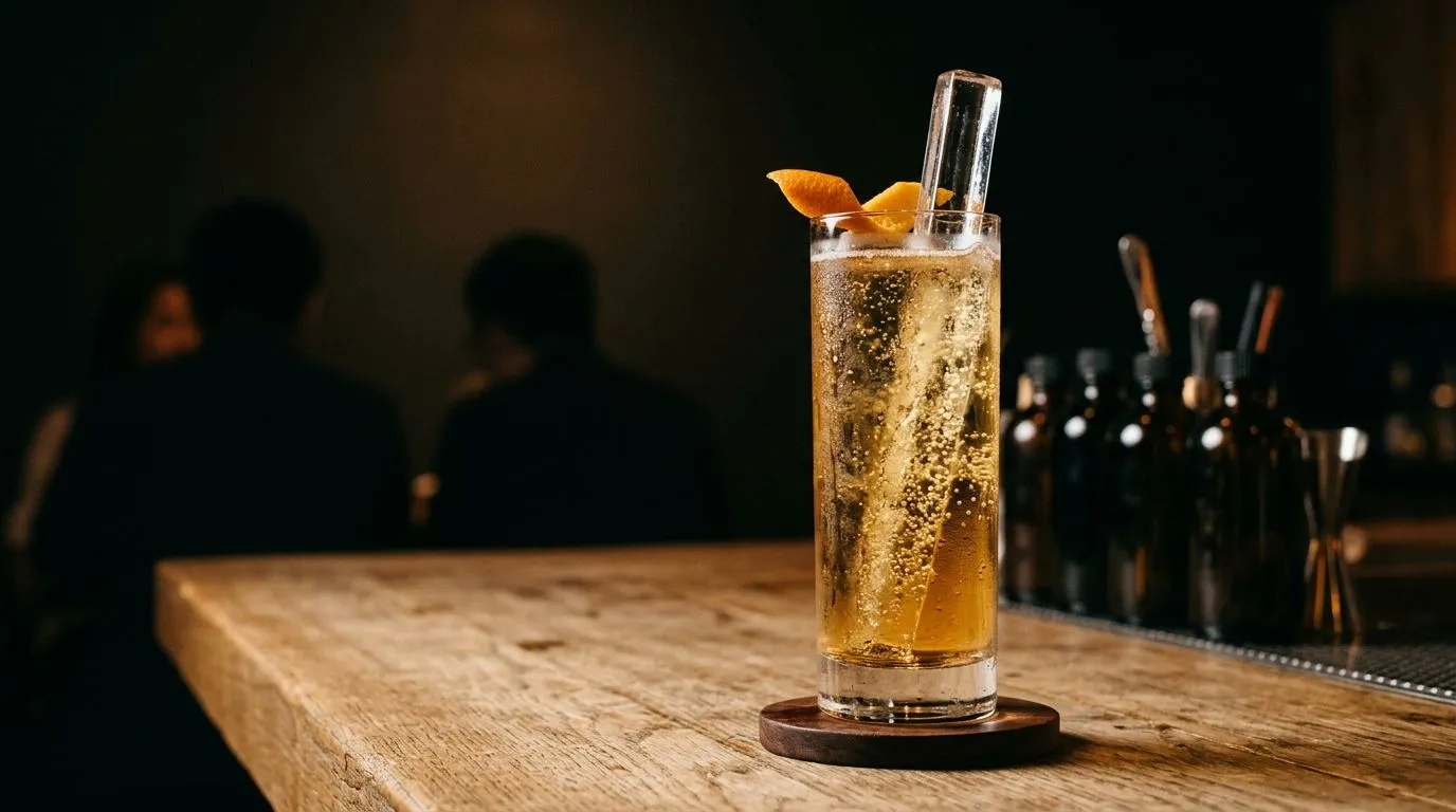 Highball con hielo en lanza y piel de cítrico servido en vaso alto en Stillroom