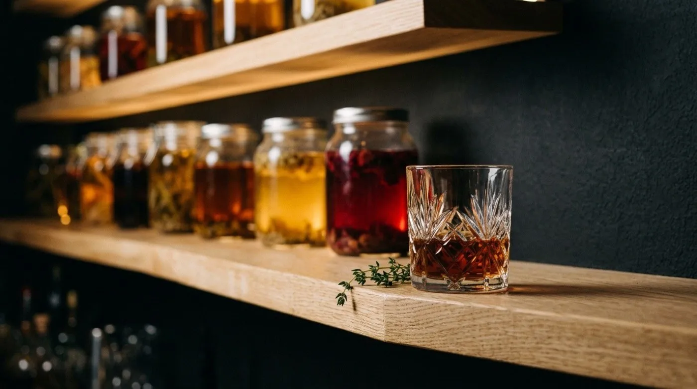 Glass of an amber-toned infused spirit next to infusion jars at STILLROOM, signature cocktail bar in Madrid