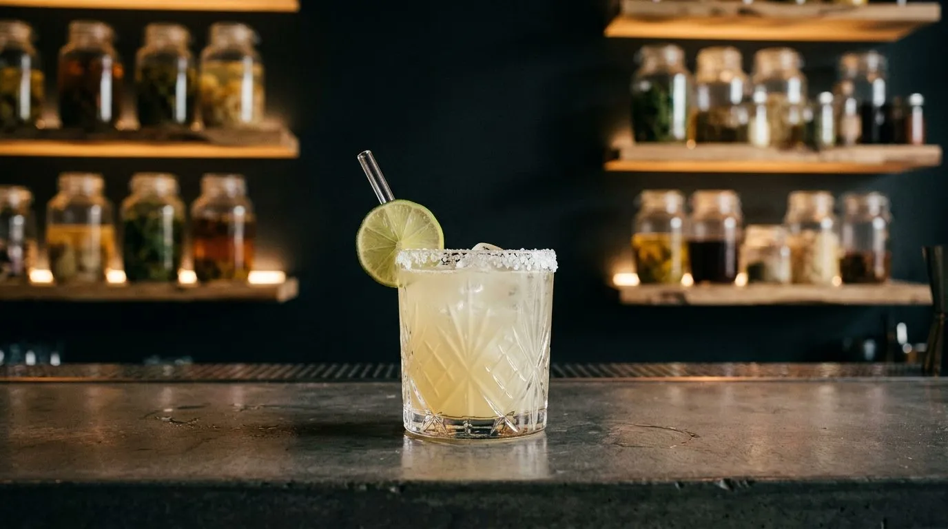 Margarita clásica con borde de sal y rodaja de lima, en vaso tallado sobre una barra de microcemento