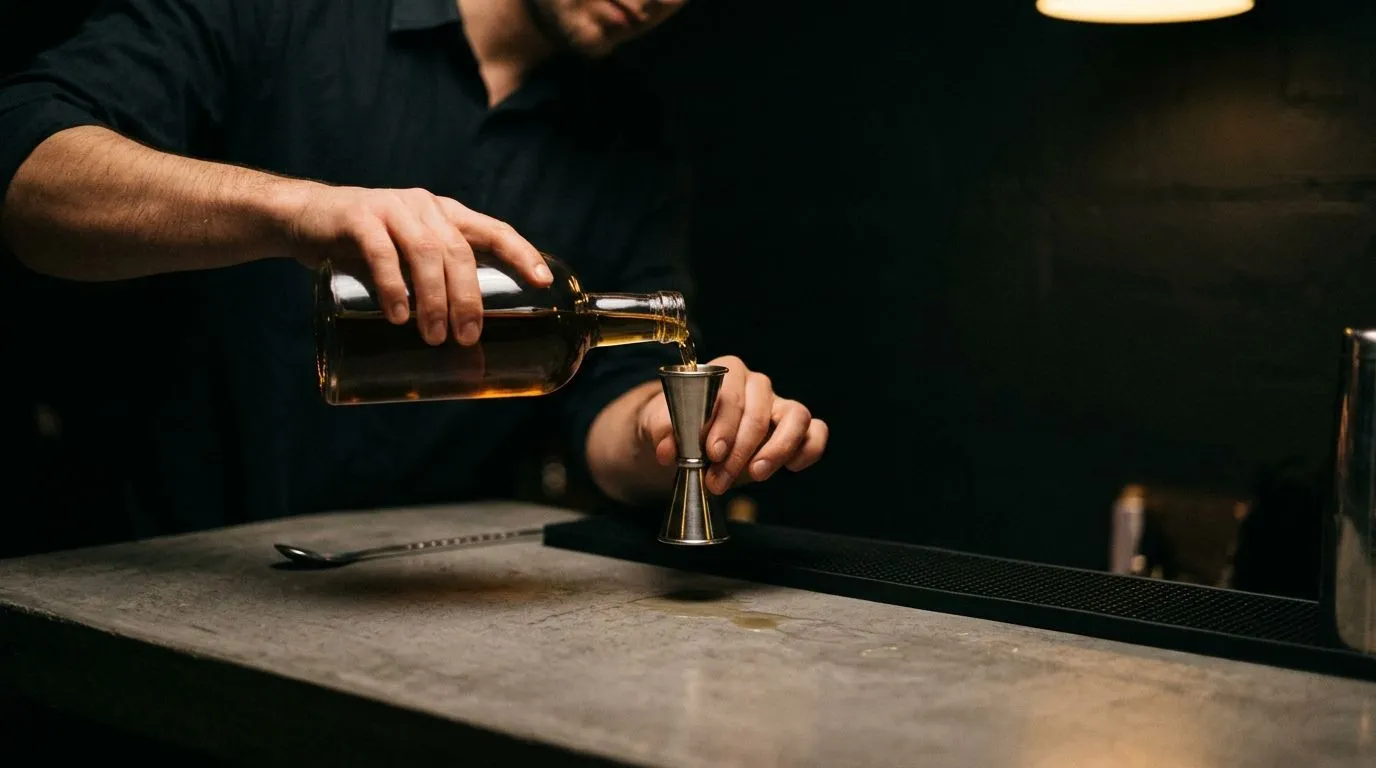 Jigger de acero midiendo un destilado en la barra de Stillroom
