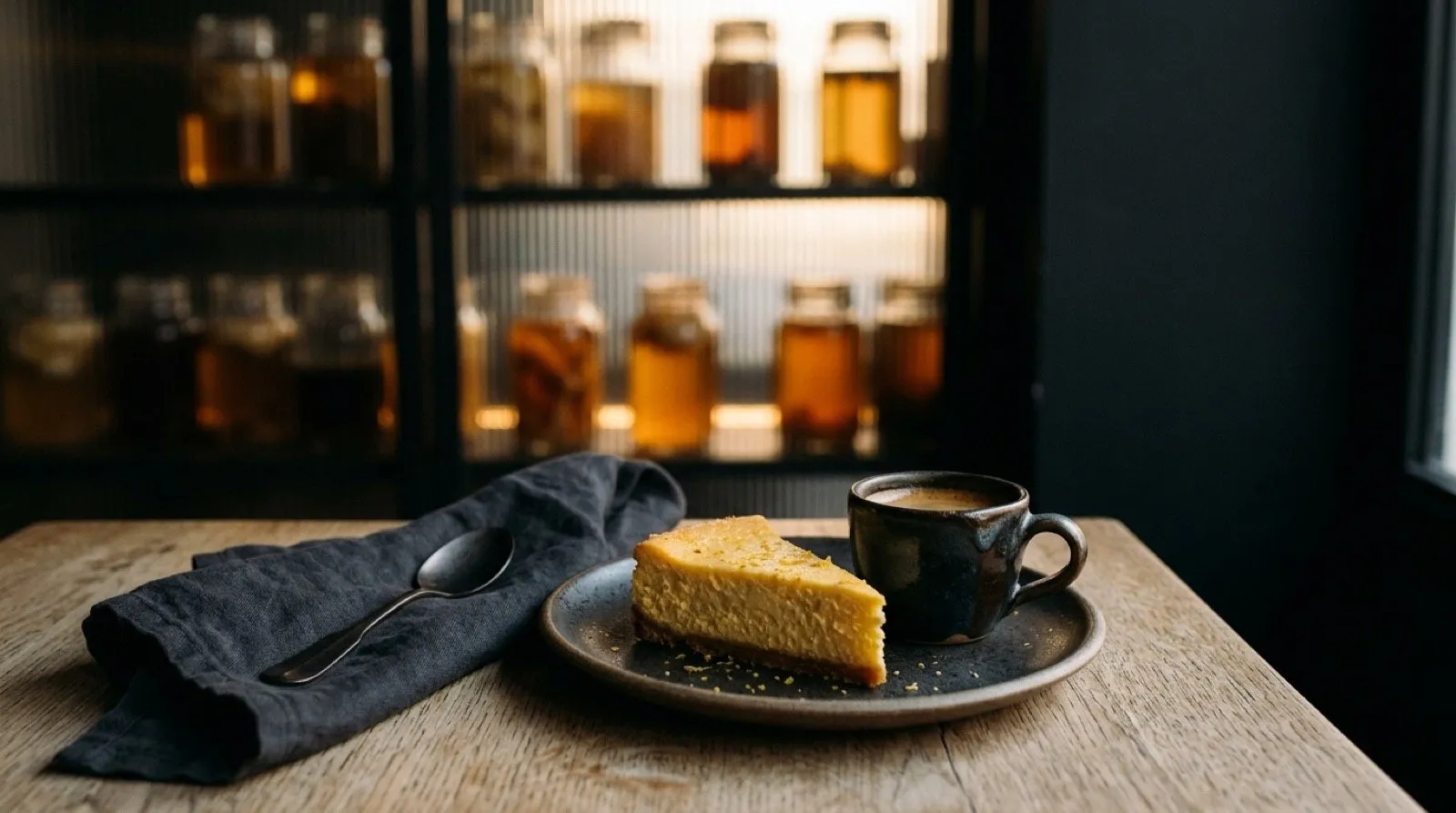 Merendar cerca del Retiro: taza de café y dulce sobre mesa de madera con luz de tarde en Stillroom, Los Jerónimos (Madrid)