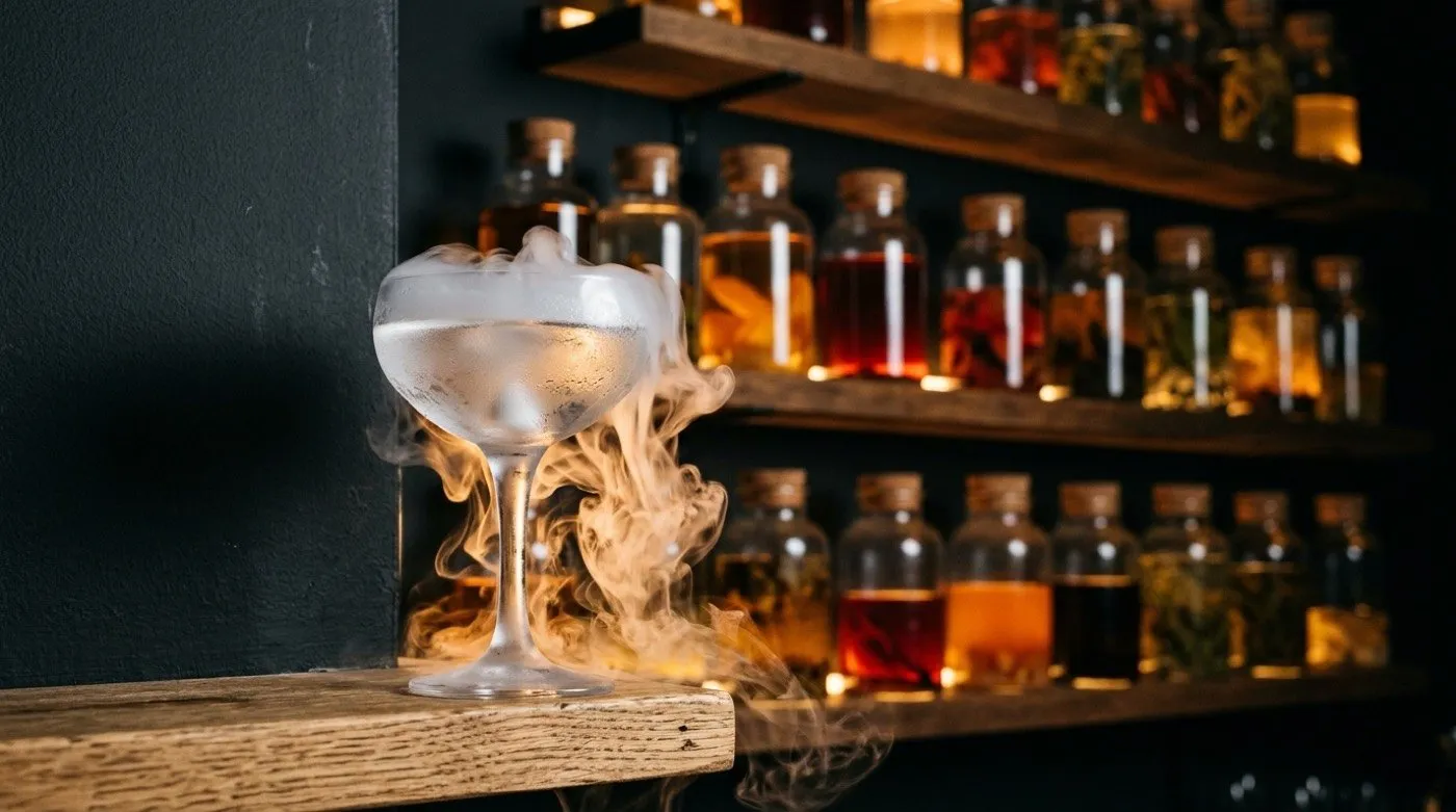 Cocktail with a dense, cold white fog spilling over the glass from liquid nitrogen at STILLROOM, signature cocktail bar in Madrid