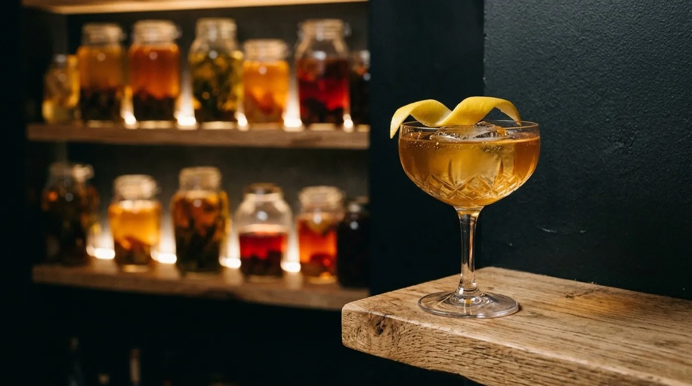 Aromatic citrus cocktail or punch made with oleo saccharum served in a glass at STILLROOM, signature cocktail bar in Madrid