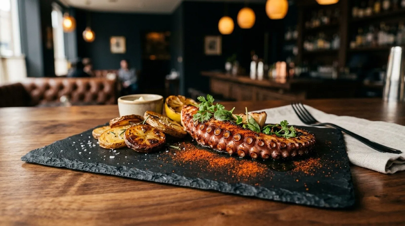 Pulpo Sous-Vide signature de STILLROOM Madrid Jerónimos: tentáculo gallego cocinado sous-vide 4 horas a 77°C y terminado al soplete, con patata Kennebec dorada y pimentón ahumado de La Vera DOP sobre pizarra negra y barra de nogal