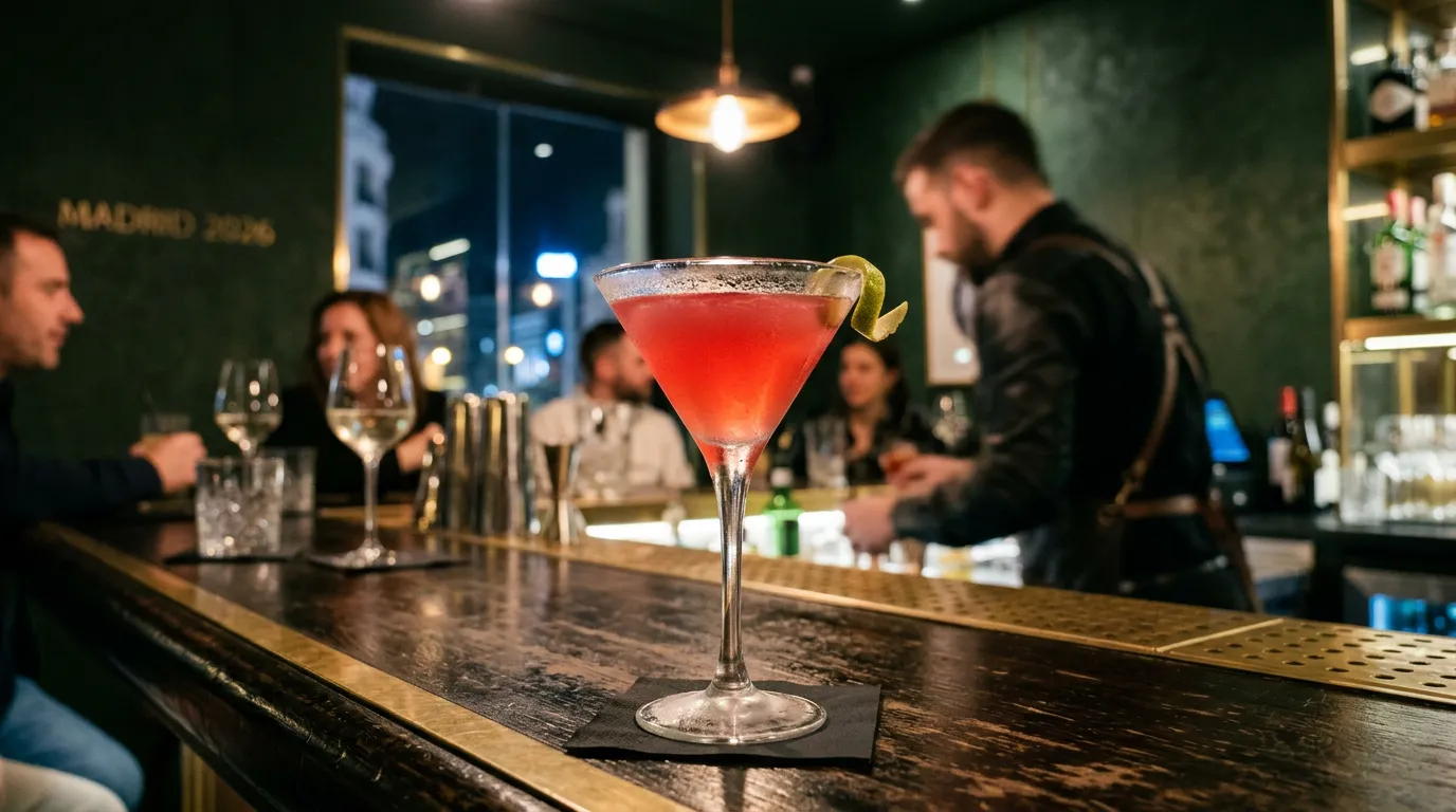Cosmopolitan rosa vibrante en copa martini en bar elegante Madrid