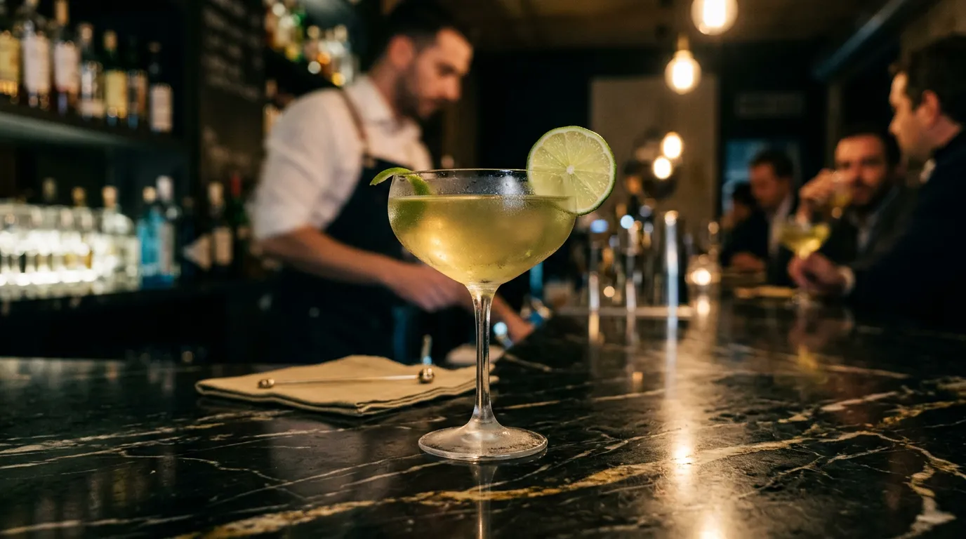 Daiquiri clásico en copa coupe con lima en bar elegante Madrid