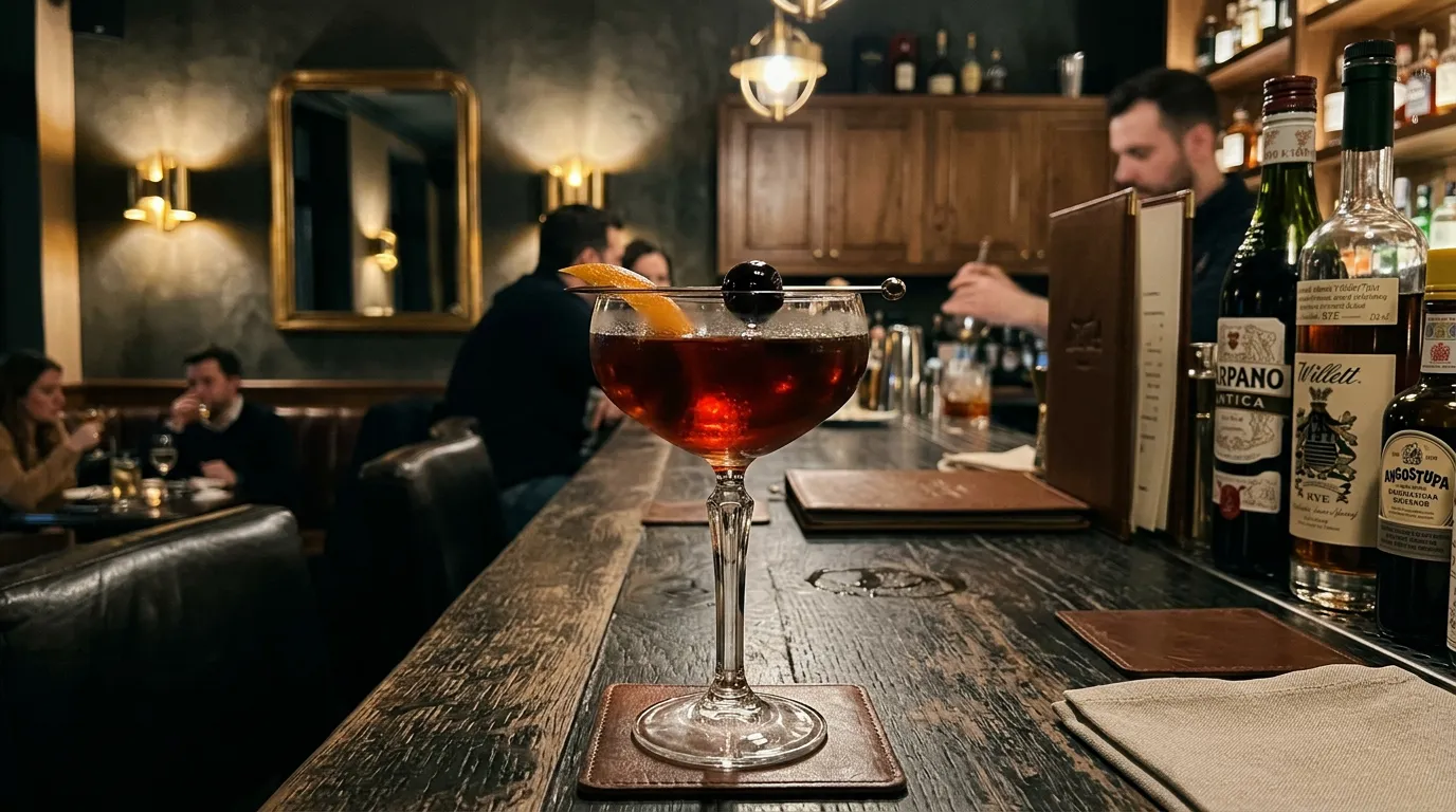 Manhattan clásico en copa coupe con cereza al marrasquino en bar sofisticado Madrid