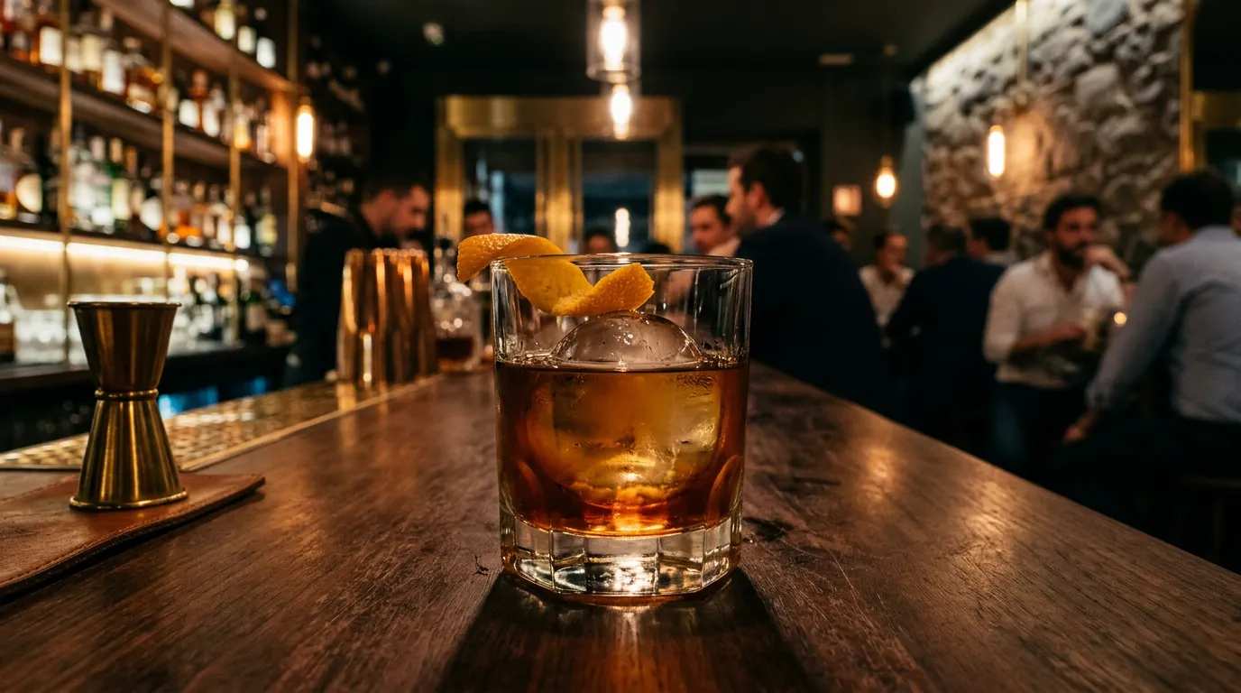 Old fashioned with a crystal-clear ice sphere and orange twist at a signature cocktail bar in Madrid