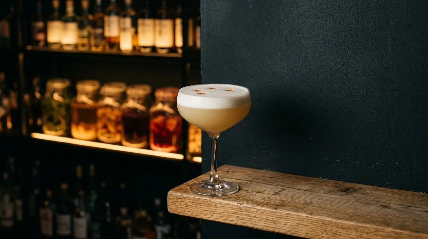 Sour cocktail with a crown of silky foam served in a coupe glass at STILLROOM, signature cocktail bar in Madrid