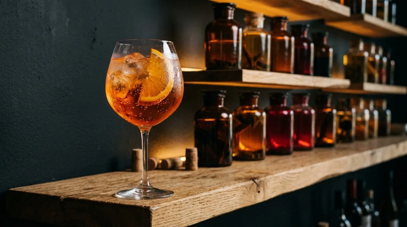 Orange-hued spritz served in a balloon glass with ice and an orange slice at STILLROOM, signature cocktail bar in Madrid