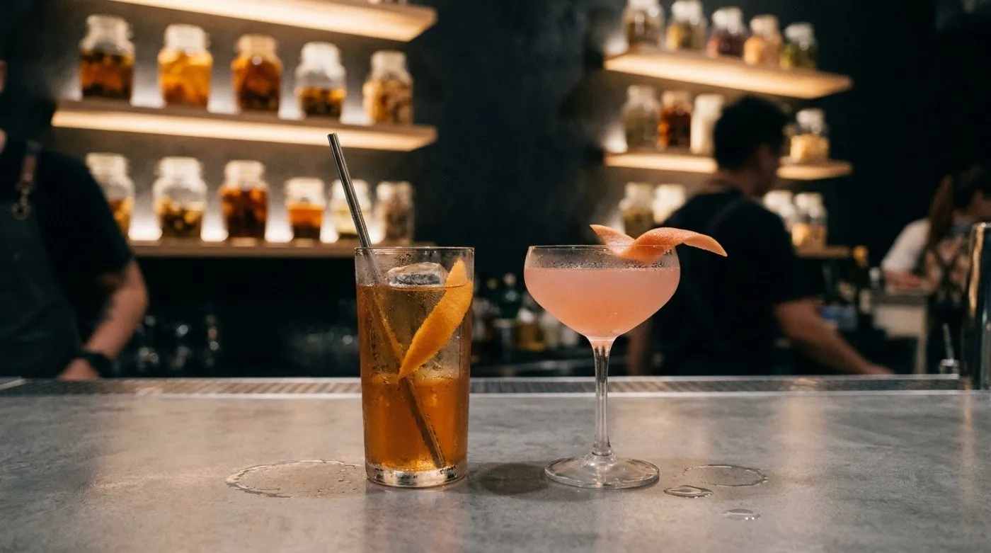 Afterwork in central Madrid: two signature cocktails freshly served at Stillroom’s microcement bar, Los Jerónimos, by the Retiro