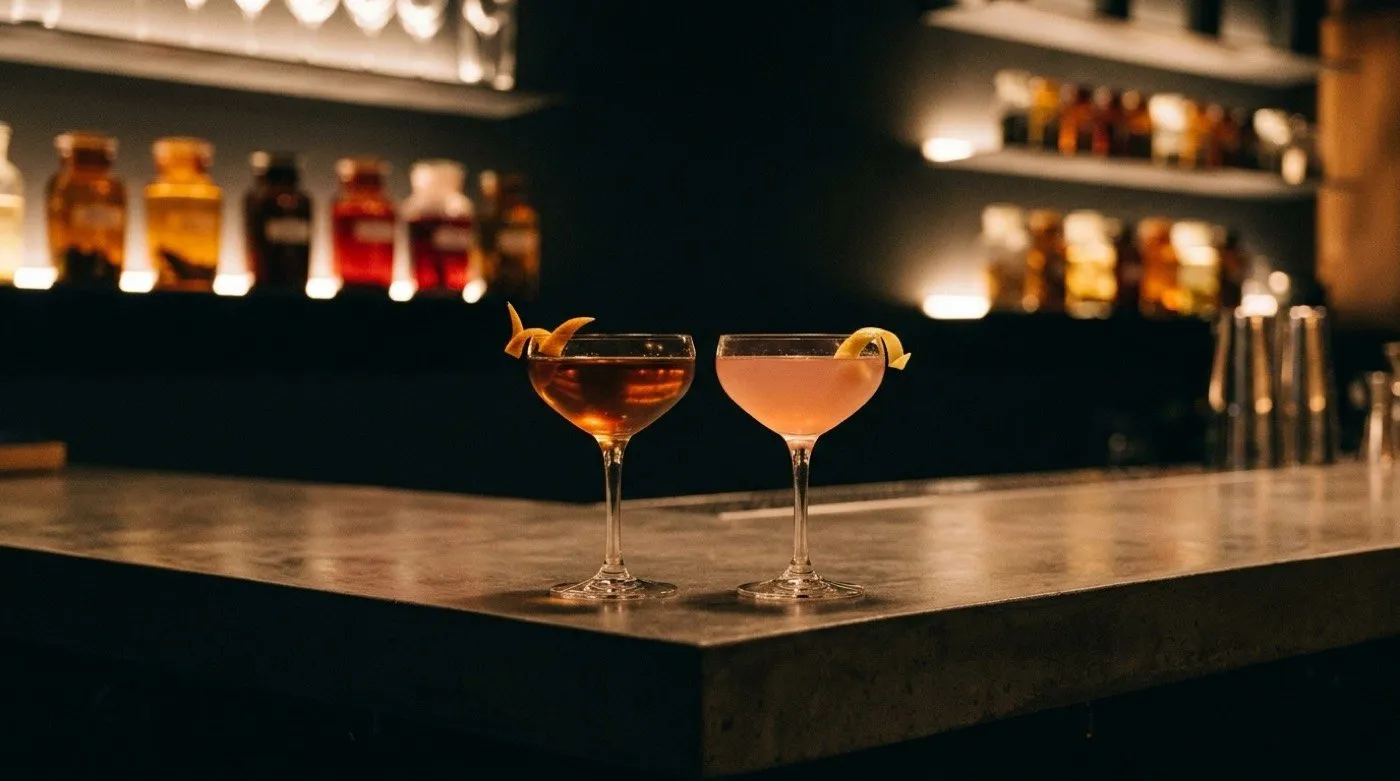 Romantic date bar in Madrid centre: two coupe glasses of signature cocktails at the intimate bar of Stillroom, Los Jerónimos