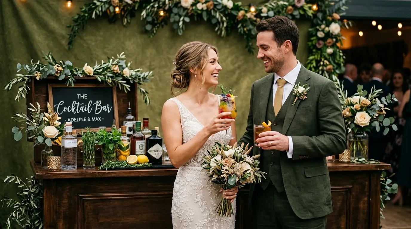 Newlyweds toasting with signature cocktails at a portable bar during their wedding in Madrid