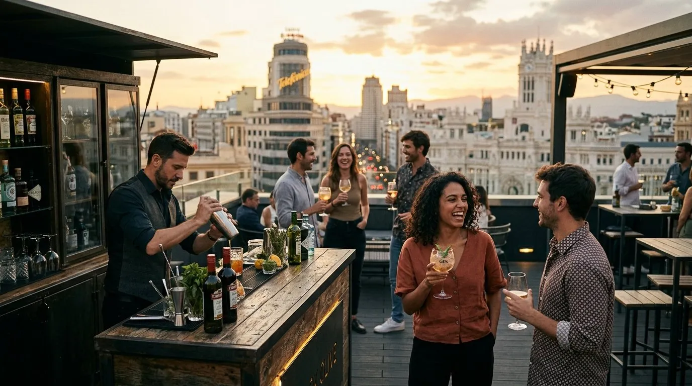 Evento con coctelería de autor en rooftop de Madrid al atardecer