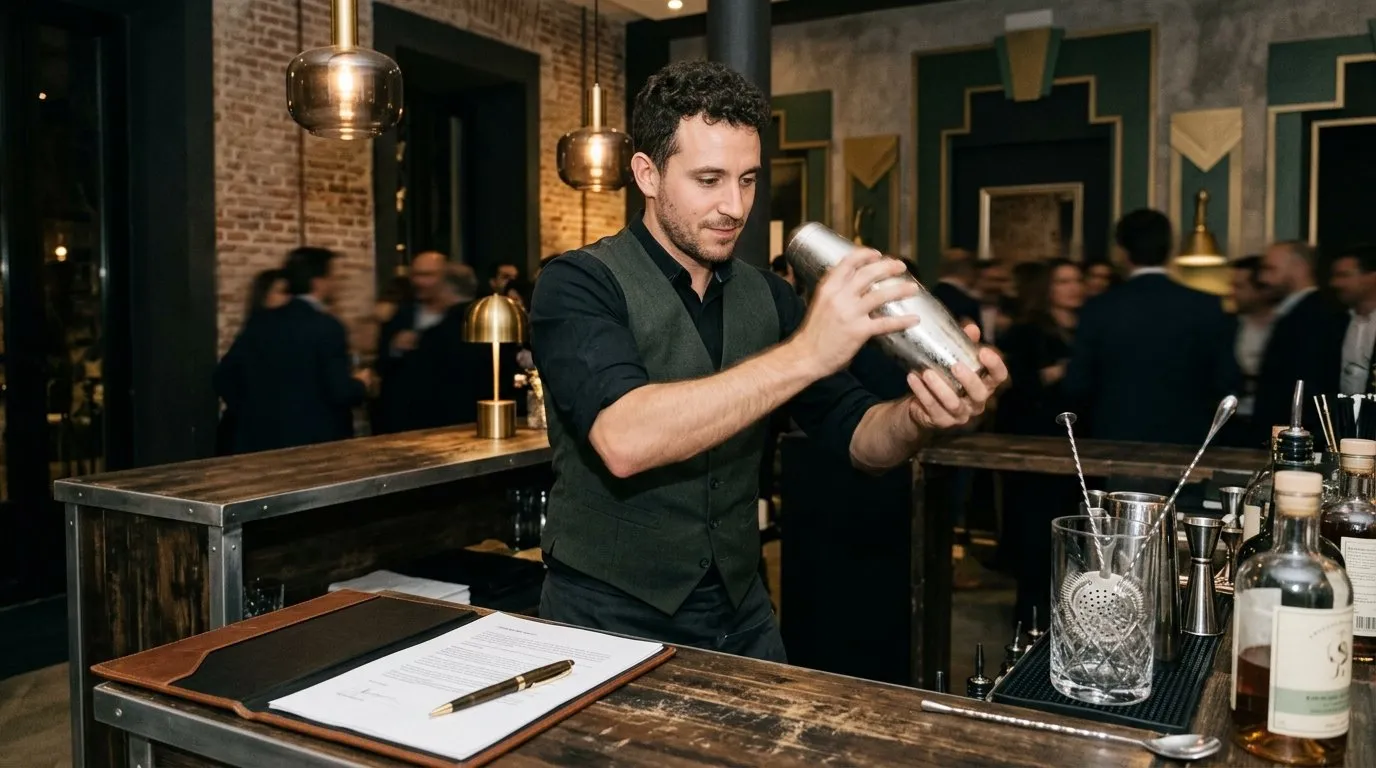 Professional bartender at a portable bar preparing cocktails for an event