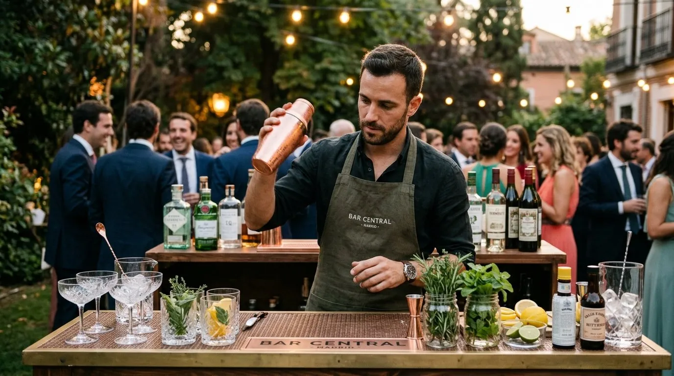 Professional bartender preparing signature cocktails at a portable bar for a wedding in Madrid
