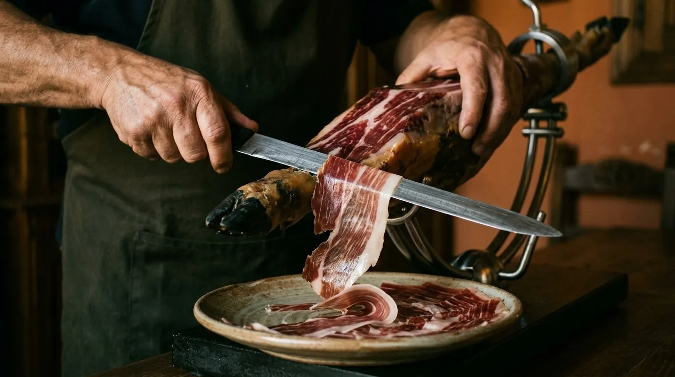 Hands of a master ham carver slicing thin cuts of Ibérico ham at an event