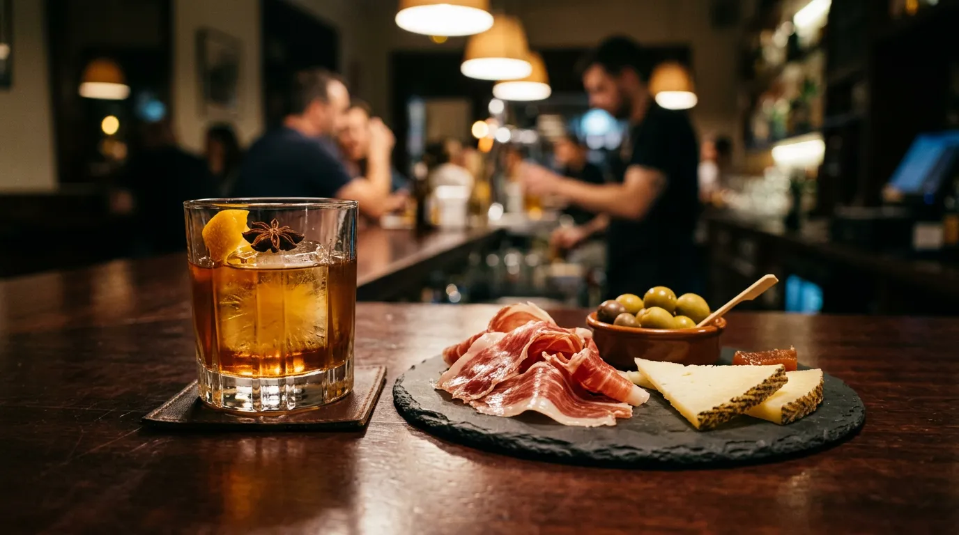 Signature cocktail paired with Iberian tapas at Stillroom Madrid