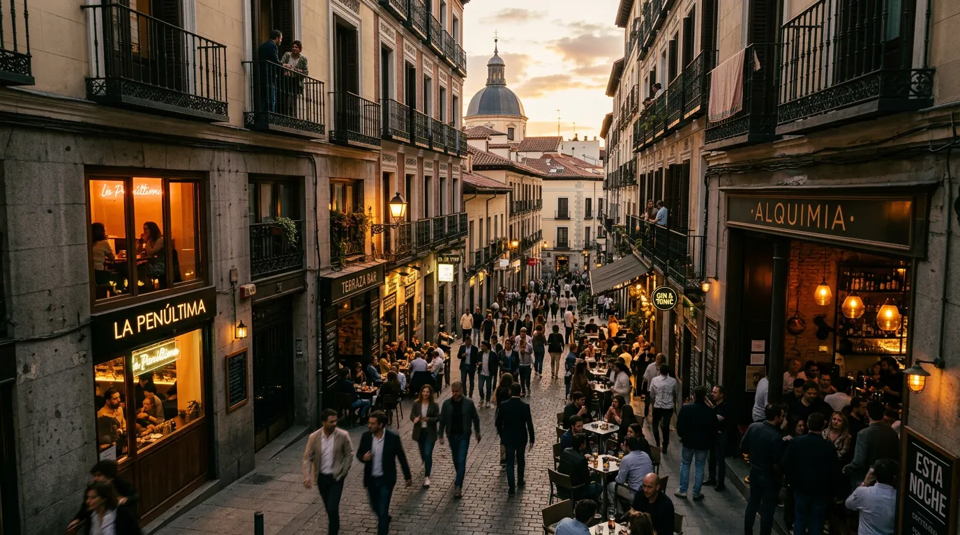 Calle de coctelería de autor en Madrid al atardecer