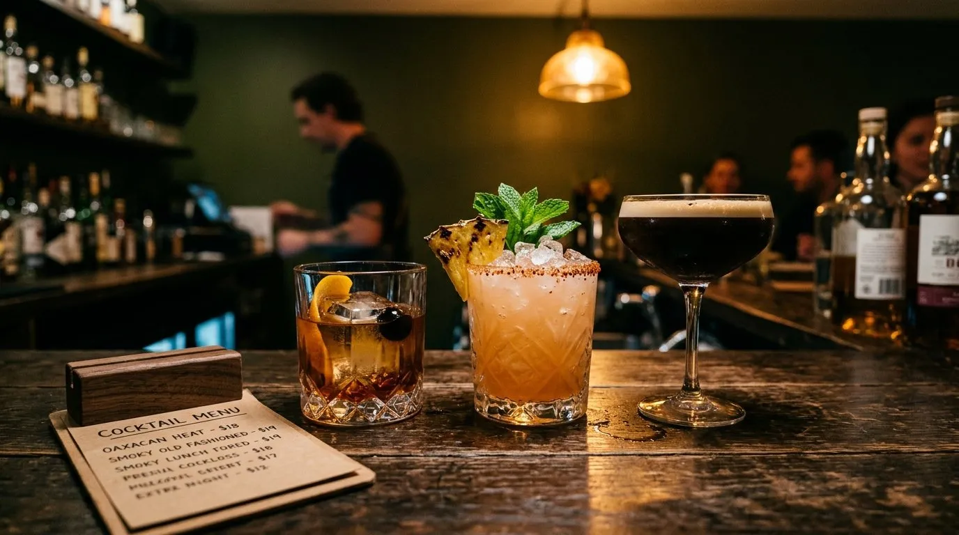 Tres cócteles de autor en barra de bar con carta de precios de catering en Madrid