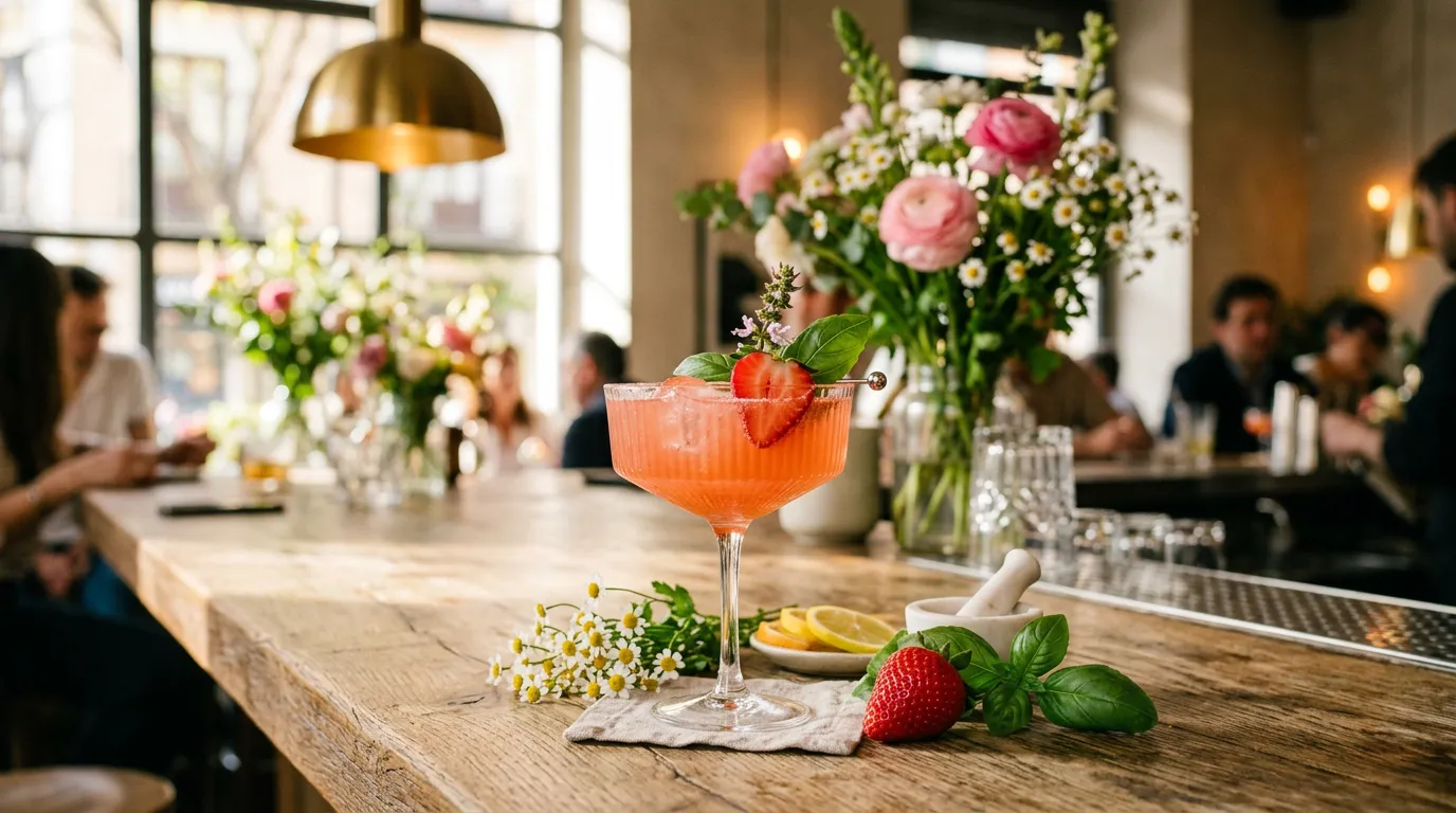 Spring cocktail with strawberries and basil at Stillroom Madrid