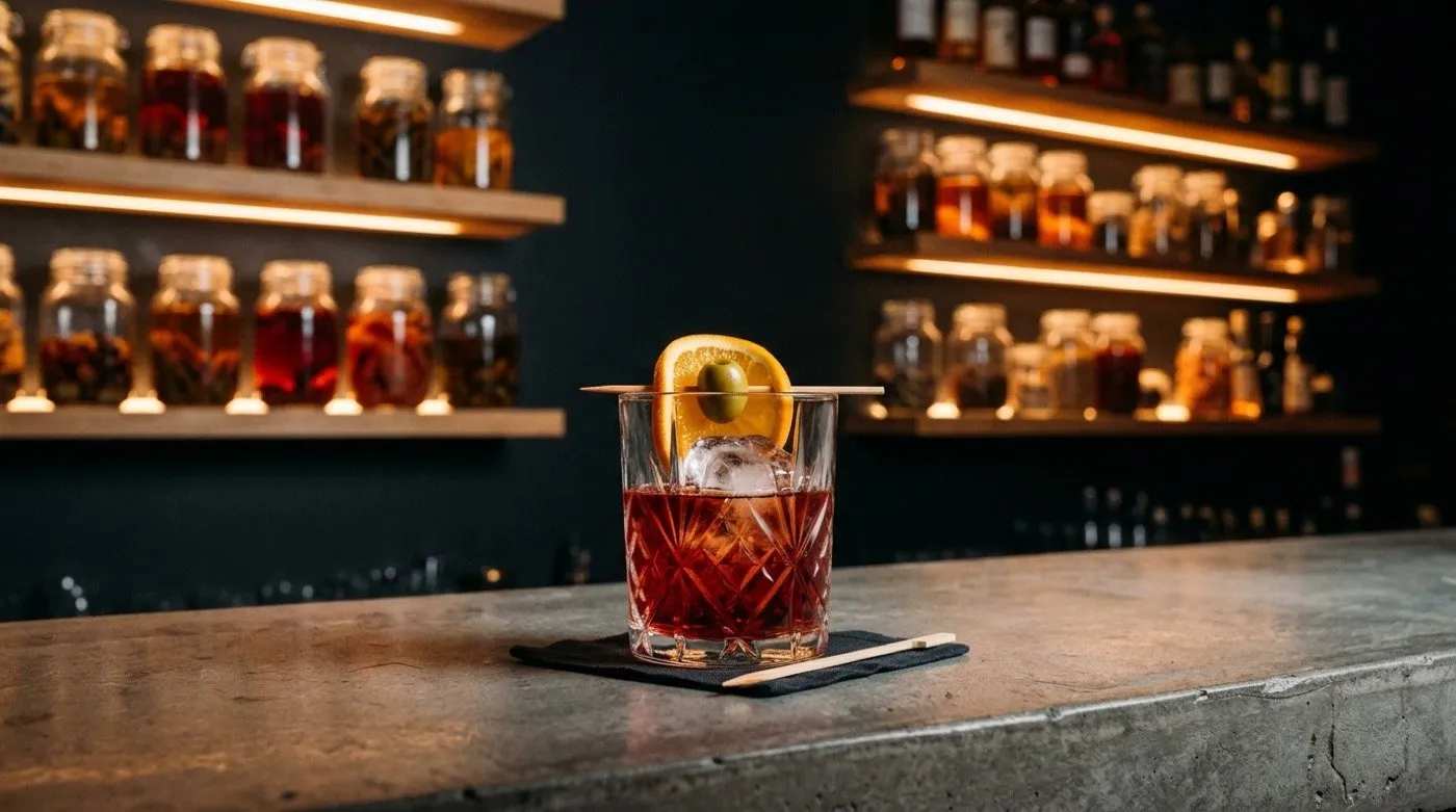 Sunday vermouth in Madrid: red vermouth with ice, orange and an olive at the Stillroom bar, Los Jerónimos